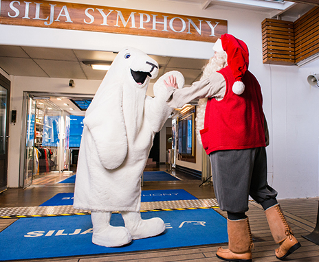 Santa Claus and Harry the Seal on Silja Symphony entrance
